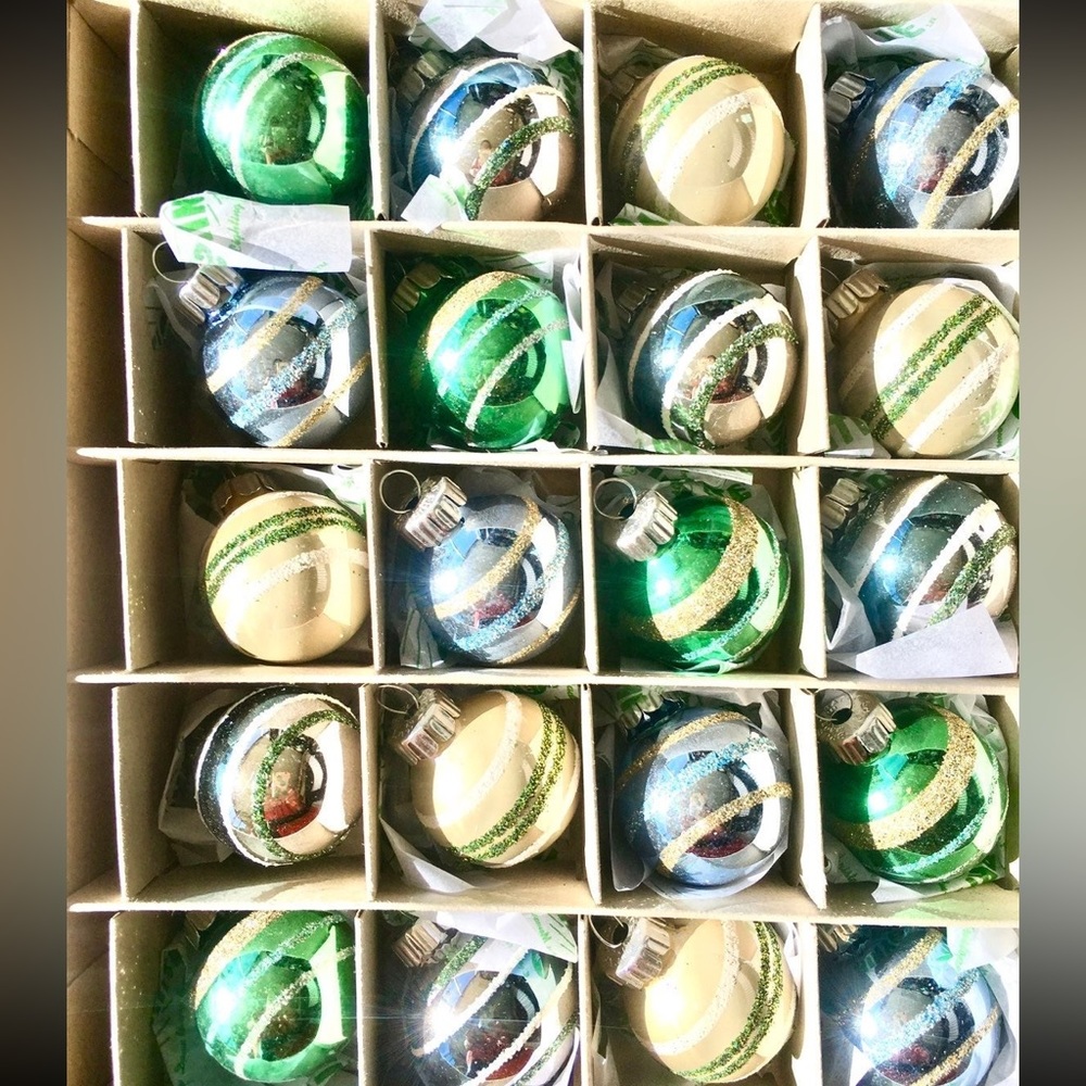20 Radko Mini Glass Ball Christmas Ornaments Blue White Silver Glitter Stripes
